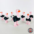 Cute ostrich keychain, 3D printed by RU3D – flock of ostriches. Pink neck and legs with black feathers.