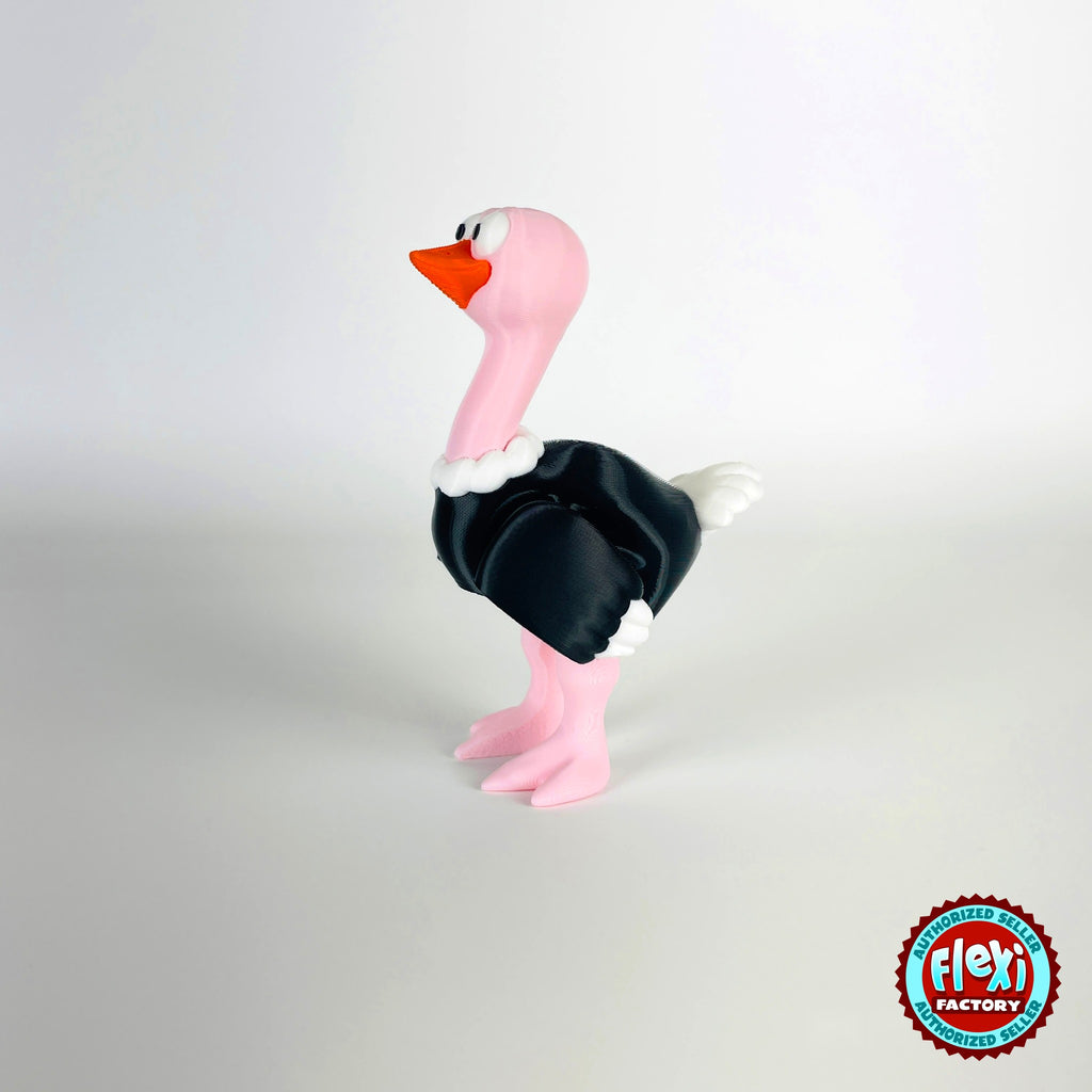 Cute ostrich keychain, 3D printed by RU3D – standing three quarter view facing left. Pink neck and legs with black feathers.