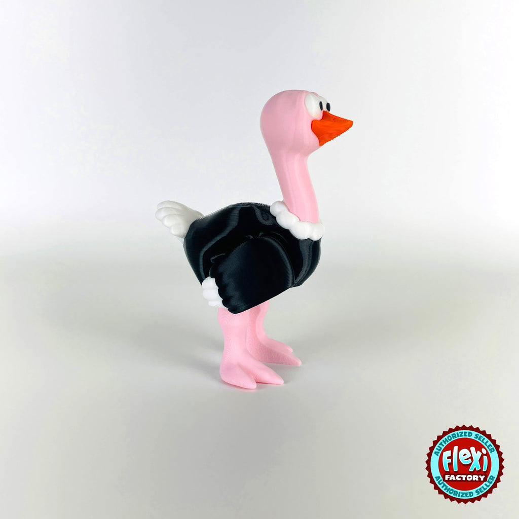 Cute ostrich keychain, 3D printed by RU3D – standing three quarter view facing right. Pink neck and legs with black feathers.