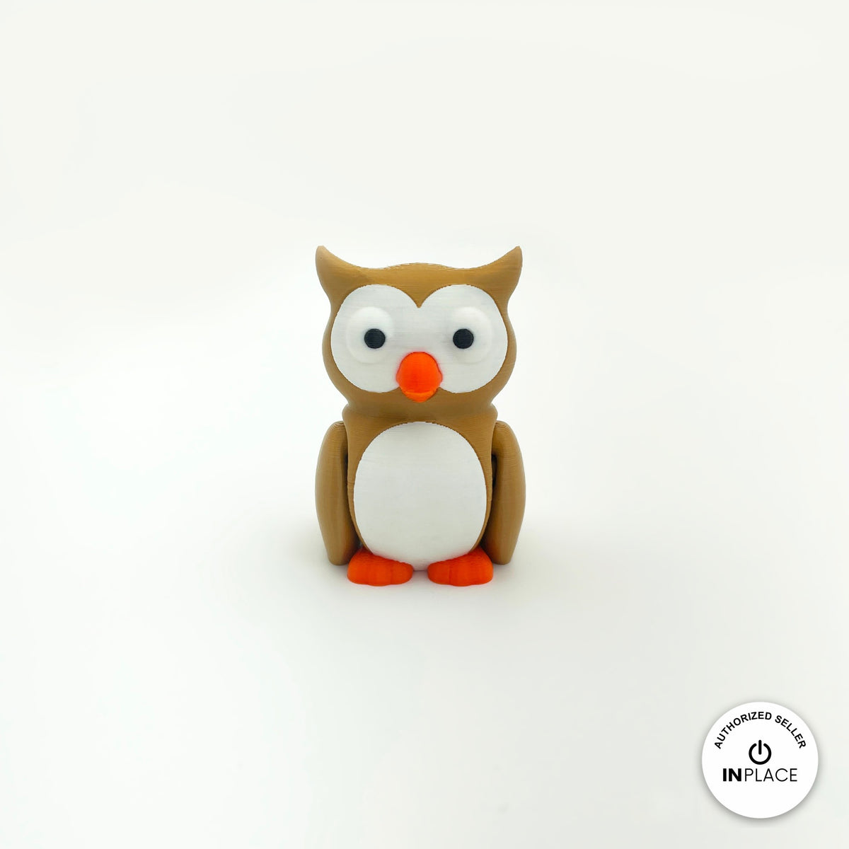Cute owl keychain, 3D printed by RU3D – front view. Brown with white belly and orange beak, purple witch hat option.