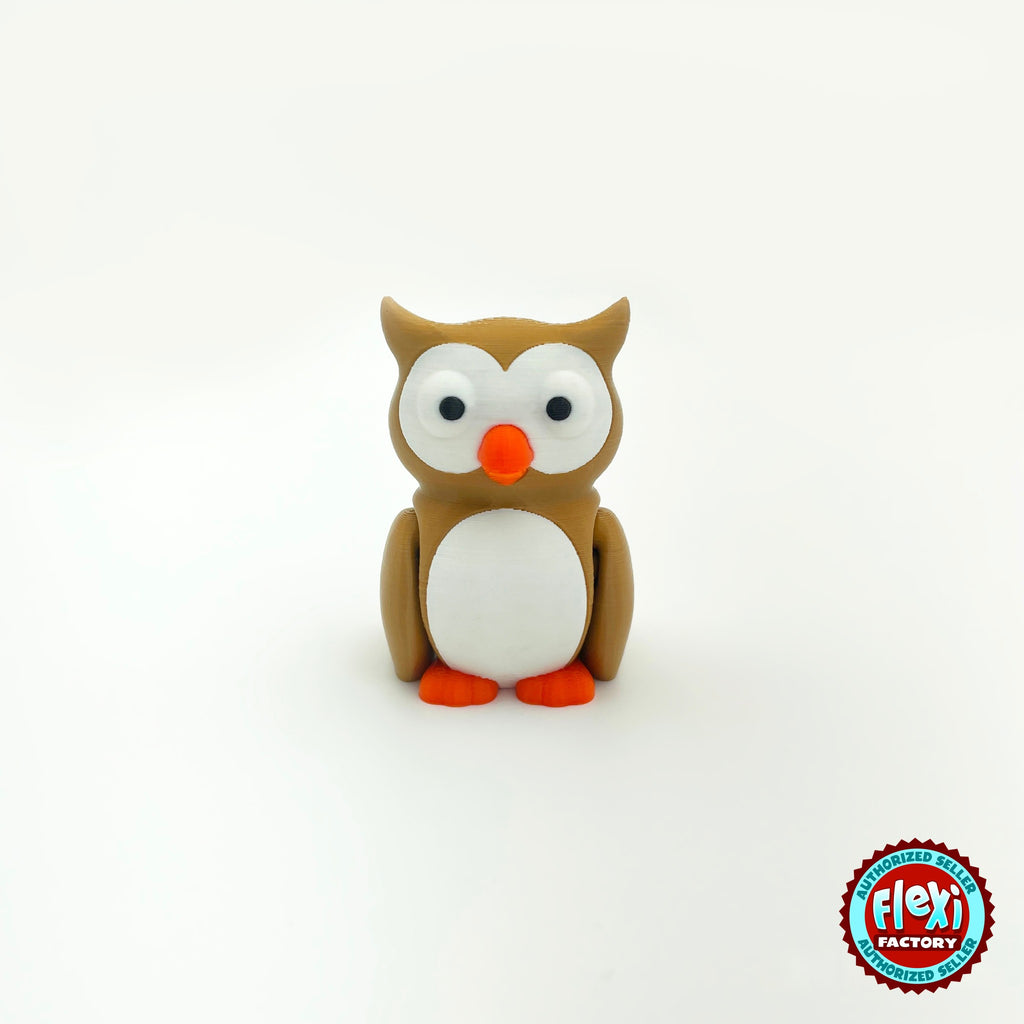 Cute owl keychain, 3D printed by RU3D – front view. Brown with white belly and orange beak, purple witch hat option.