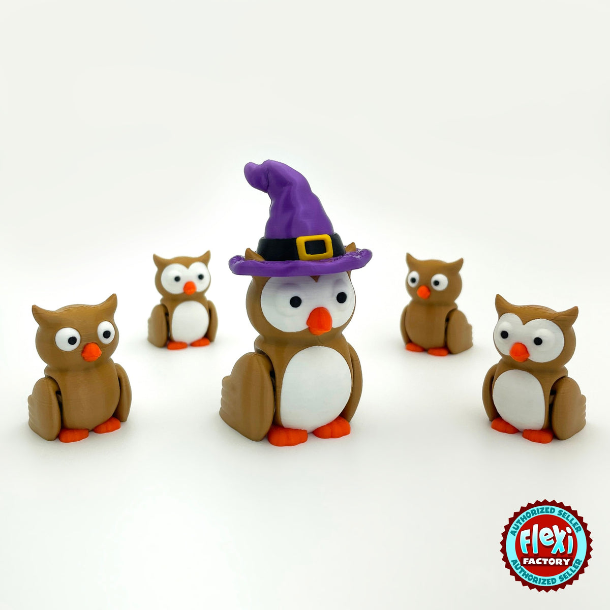 Cute owl keychain, 3D printed by RU3D – group of owls with witch hat. Brown with white belly and orange beak, purple witch hat option.