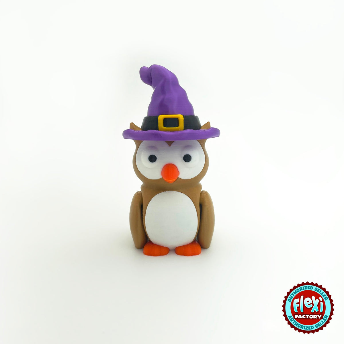 Cute owl keychain, 3D printed by RU3D – with witch hat front view. Brown with white belly and orange beak, purple witch hat option.