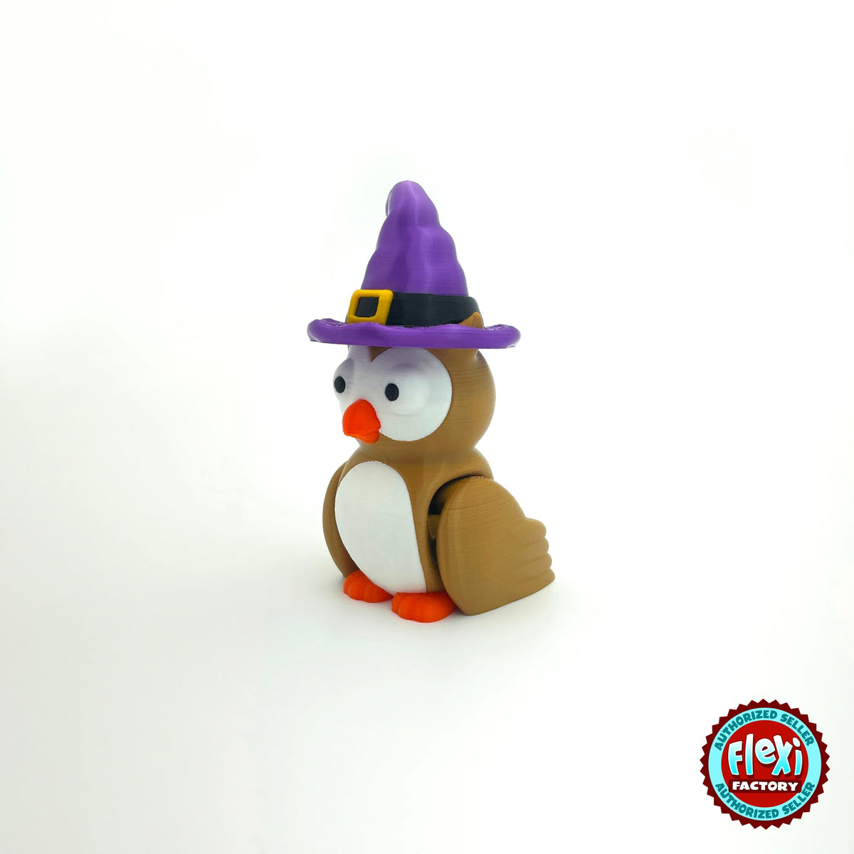 Cute owl keychain, 3D printed by RU3D – with witch hat side view facing left. Brown with white belly and orange beak, purple witch hat option.