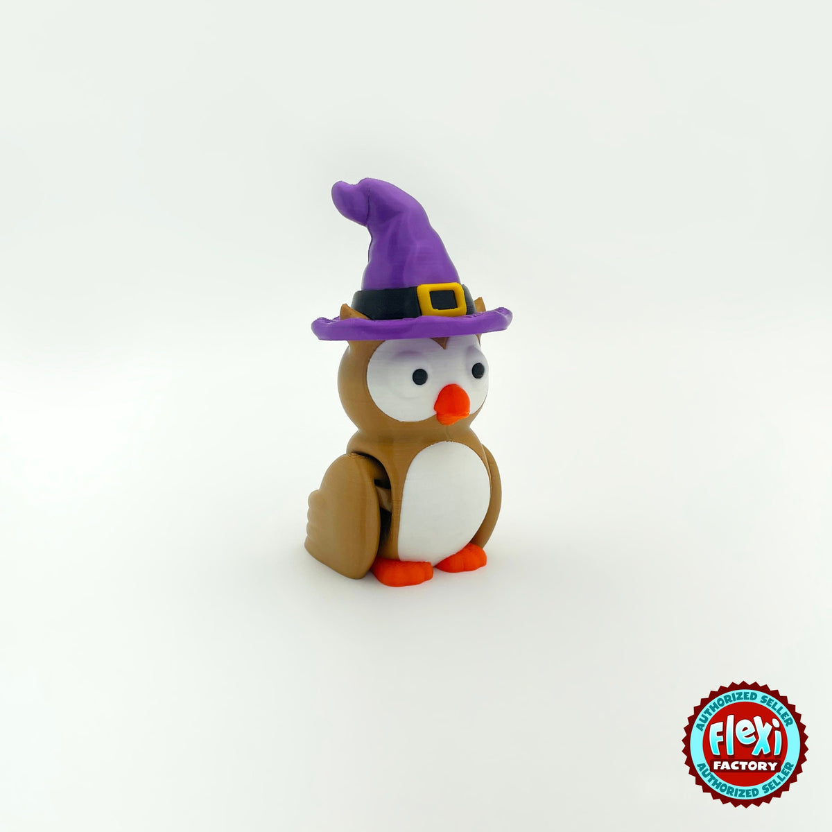 Cute owl keychain, 3D printed by RU3D – with witch hat three quarter view facing right. Brown with white belly and orange beak, purple witch hat option.
