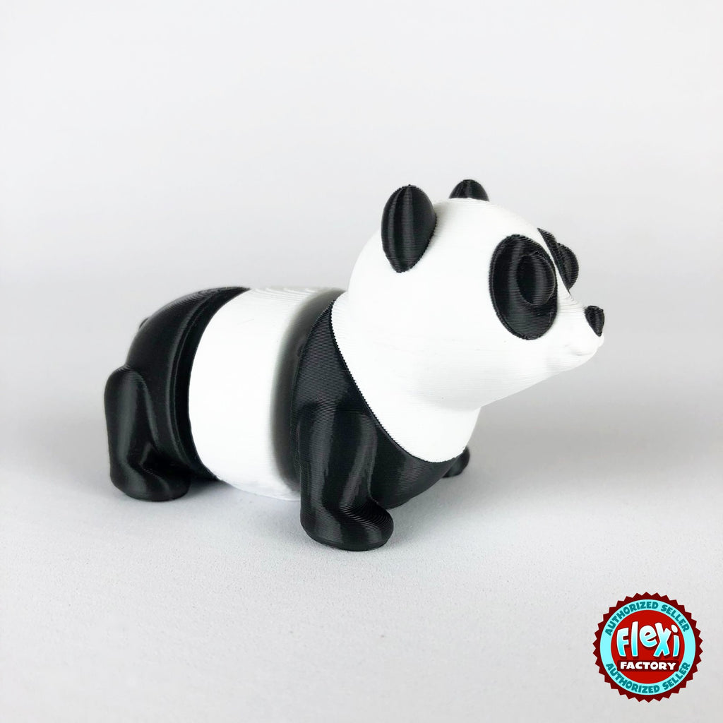 Cute panda keychain, 3D printed by RU3D – dark eyes three quarter view facing right. Black and white.
