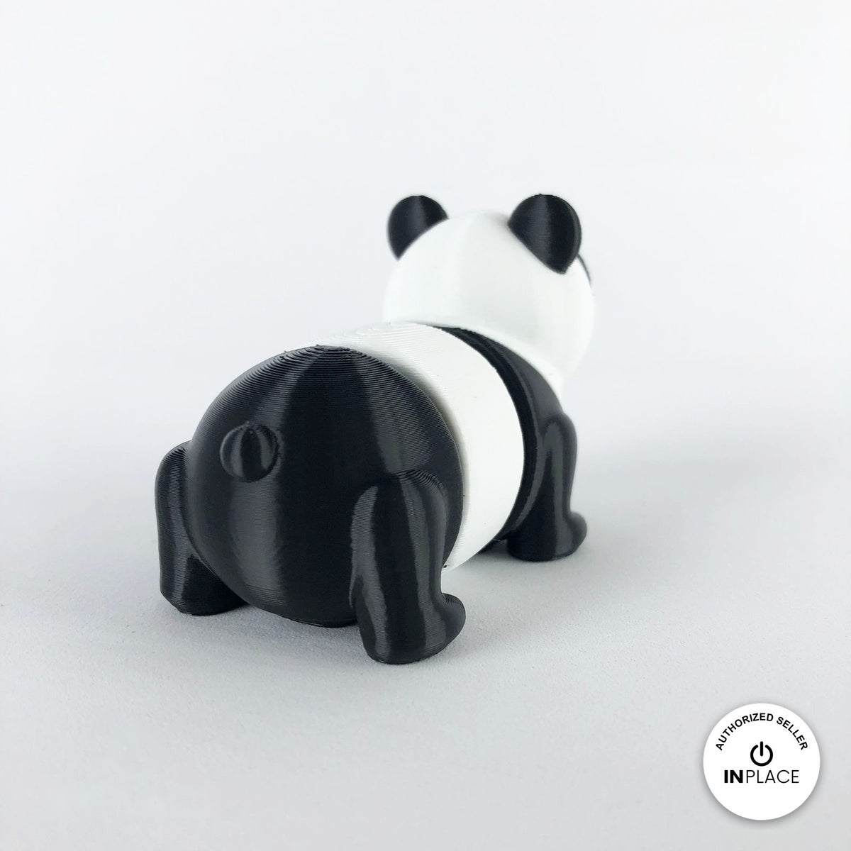 Cute panda keychain, 3D printed by RU3D – rear view. Black and white.
