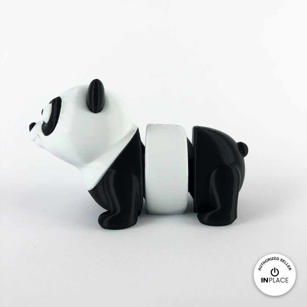 Cute panda keychain, 3D printed by RU3D – side view facing left. Black and white.