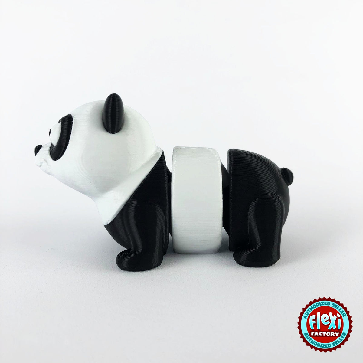 Cute panda keychain, 3D printed by RU3D – side view facing left. Black and white.