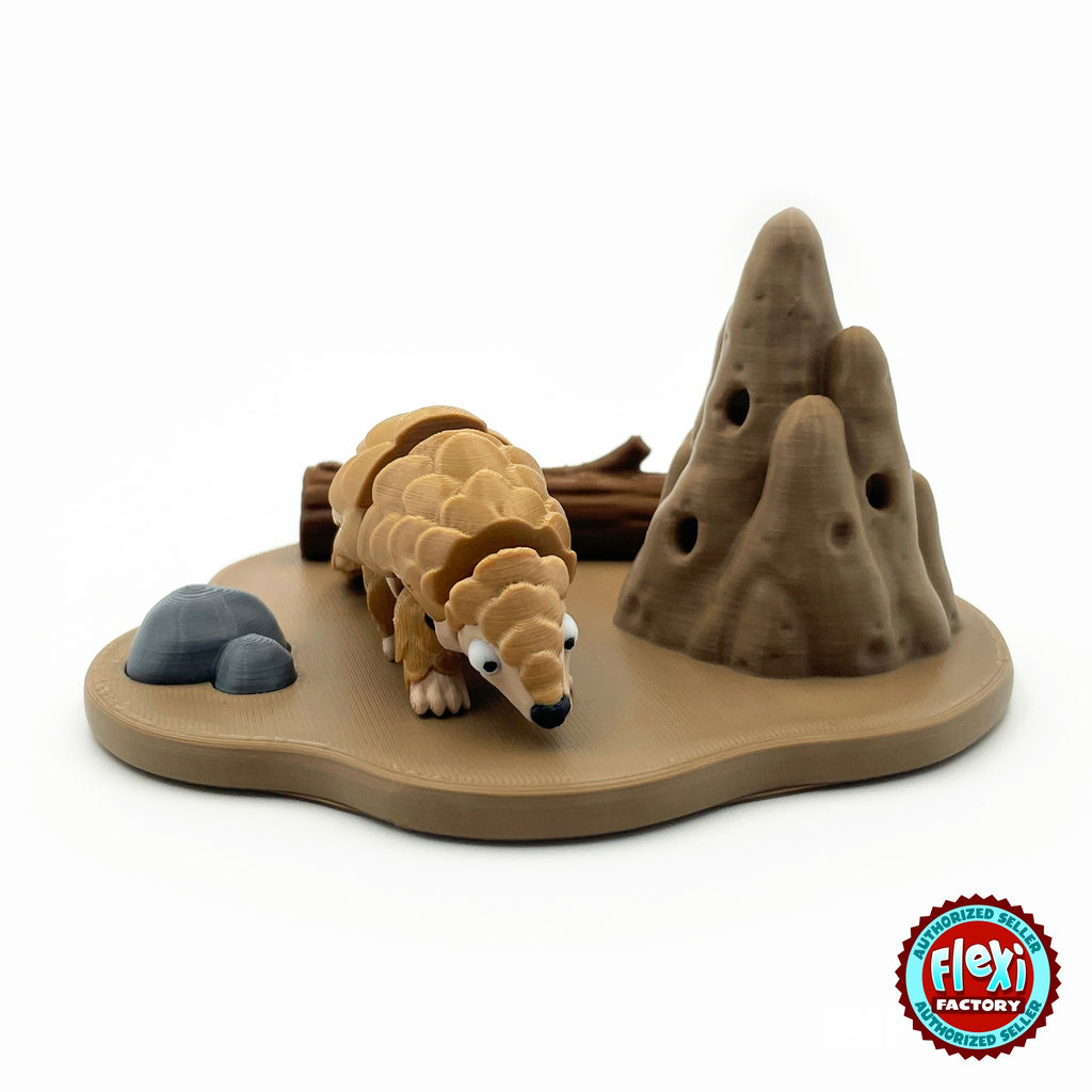 Cute pangolin keychain, 3D printed by RU3D – front view with termite mound. Tan scales with termite mound habitat playset.