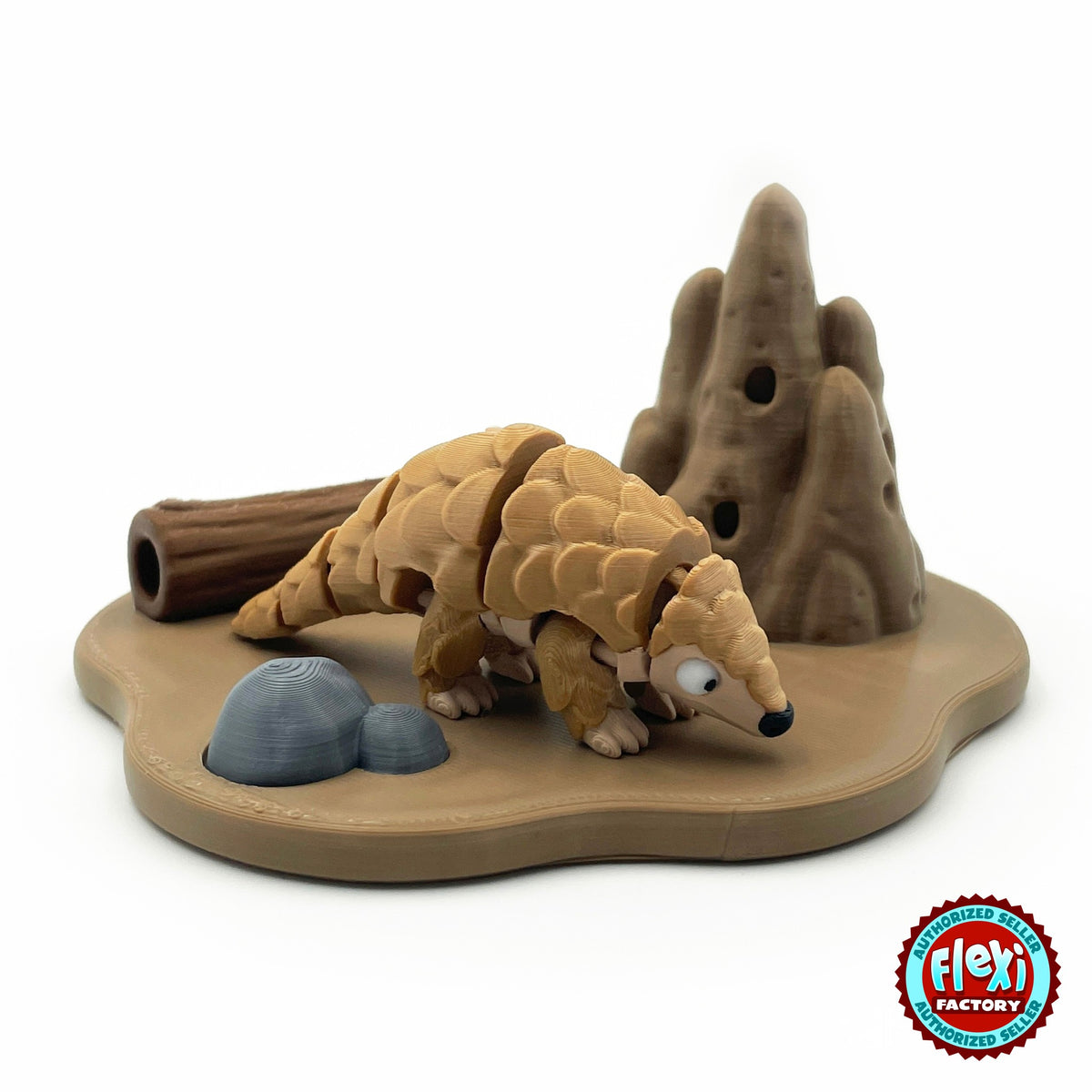 Cute pangolin keychain, 3D printed by RU3D – with termite mound habitat playset. Tan scales with termite mound habitat playset.