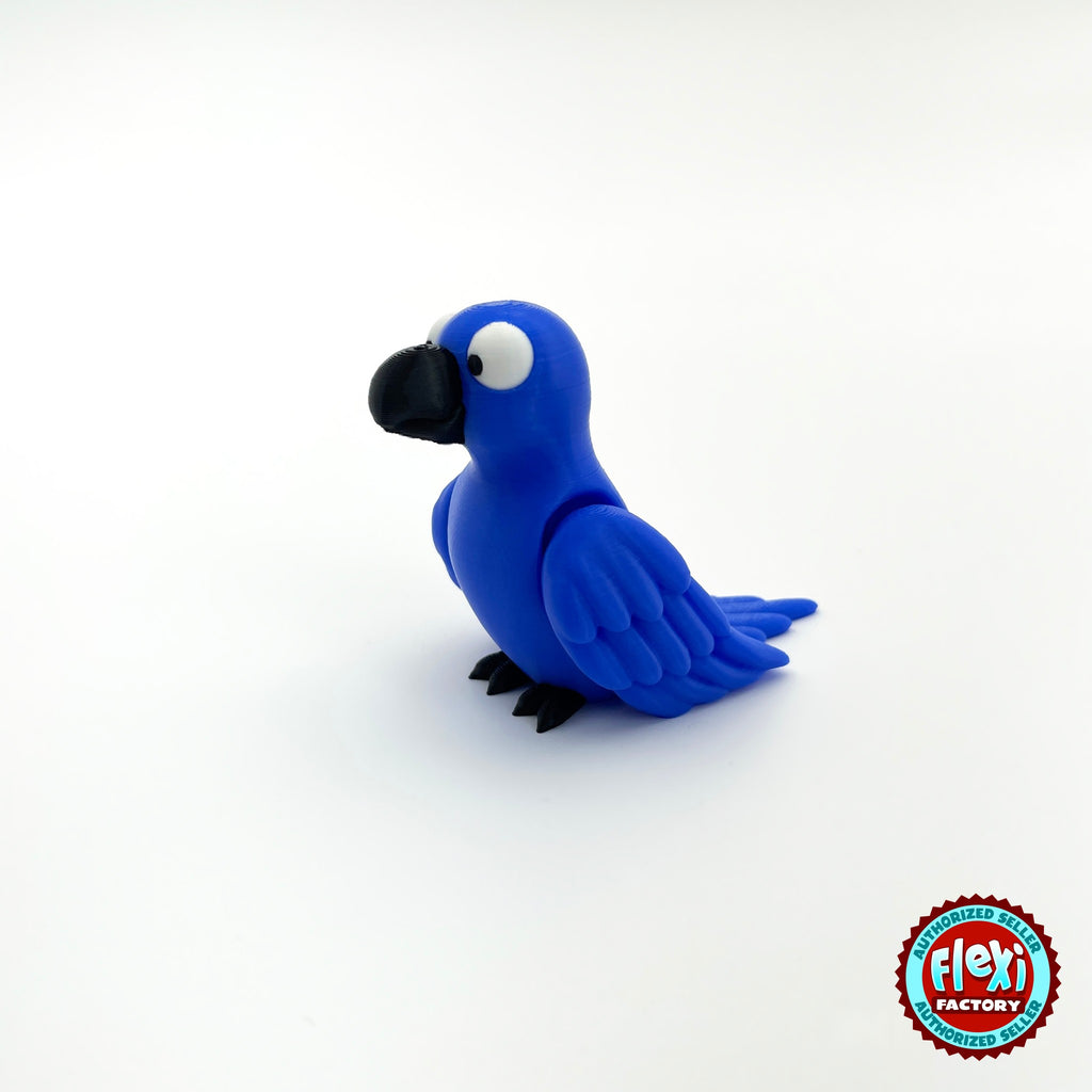 Cute parrot keychain, 3D printed by RU3D – blue parrot side view facing left. Green, blue and red macaw versions.