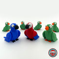 Cute parrot keychain, 3D printed by RU3D – group of green blue and red parrots. Green, blue and red macaw versions.