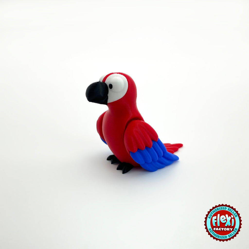 Cute parrot keychain, 3D printed by RU3D – red macaw three quarter view facing left. Green, blue and red macaw versions.
