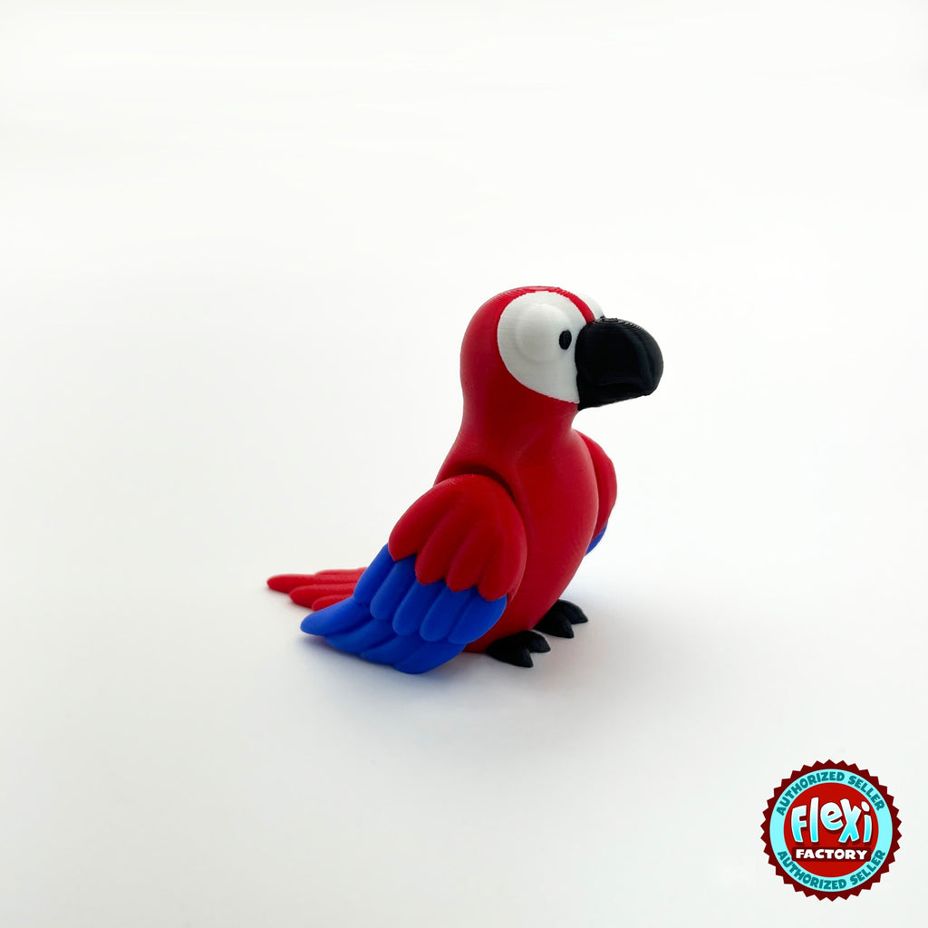 Cute parrot keychain, 3D printed by RU3D – red macaw three quarter view facing right. Green, blue and red macaw versions.