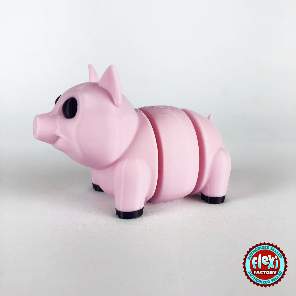 Cute pig keychain, 3D printed by RU3D – dark eyes three quarter view facing left. Pink.