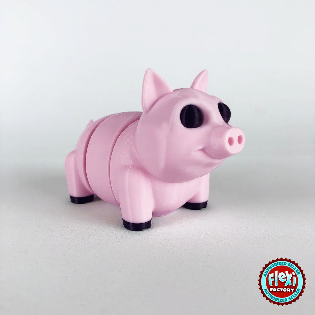 Cute pig keychain, 3D printed by RU3D – dark eyes three quarter view facing right. Pink.