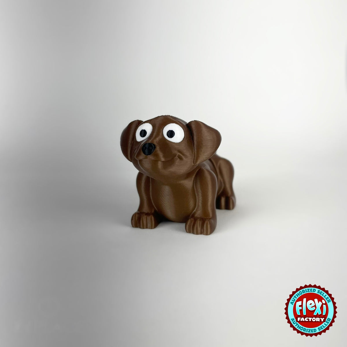 Cute puppy dog keychain, 3D printed by RU3D – brown puppy front view. White with brown patches, also in brown.