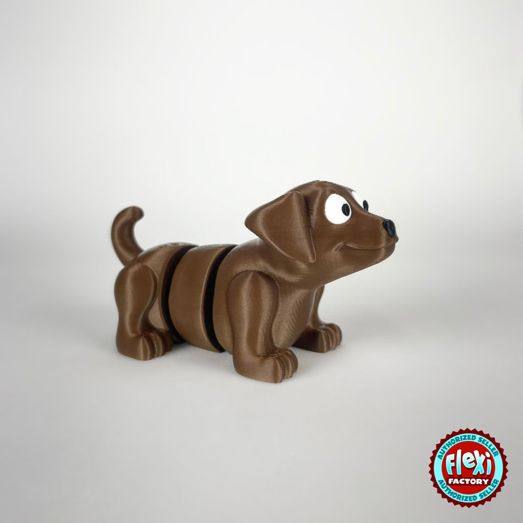 Cute puppy dog keychain, 3D printed by RU3D – brown puppy side view facing right. White with brown patches, also in brown.