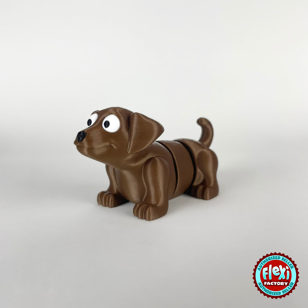 Cute puppy dog keychain, 3D printed by RU3D – brown puppy three quarter view facing left. White with brown patches, also in brown.