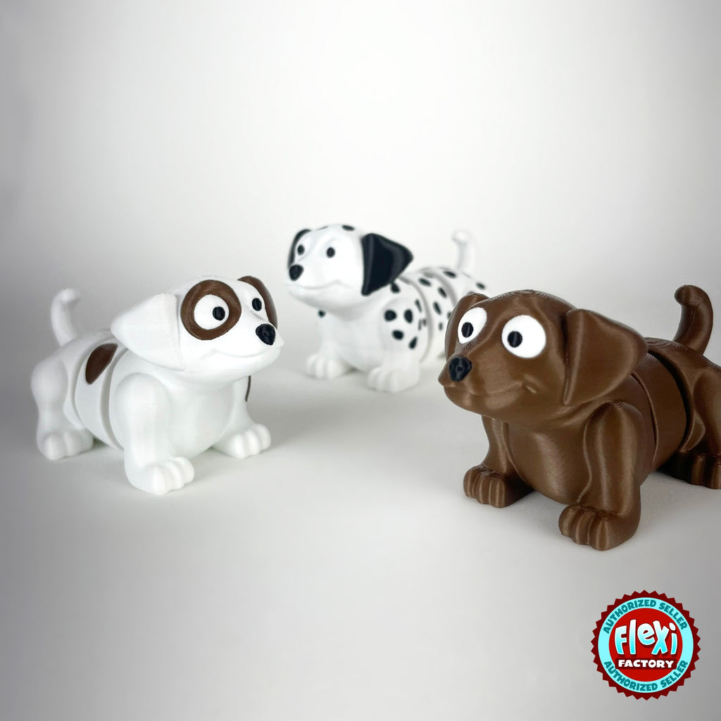 Cute puppy dog keychain, 3D printed by RU3D – group of puppies with Dalmatian. White with brown patches, also in brown.