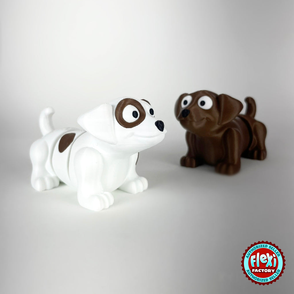 Cute puppy dog keychain, 3D printed by RU3D – white and brown puppies together. White with brown patches, also in brown.