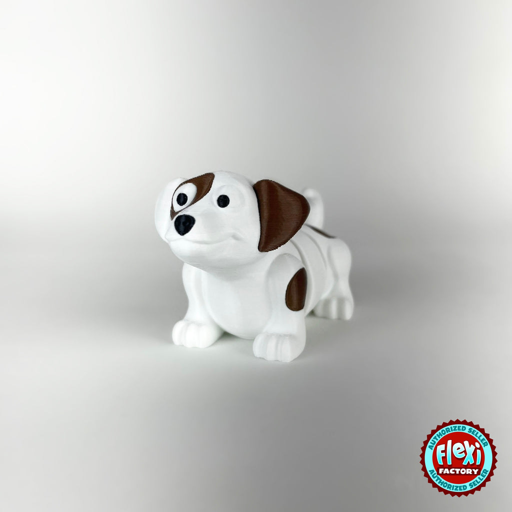 Cute puppy dog keychain, 3D printed by RU3D – white puppy front view. White with brown patches, also in brown.