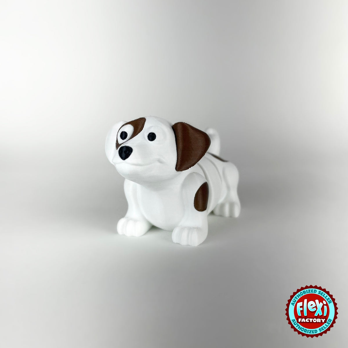Cute puppy dog keychain, 3D printed by RU3D – white puppy front view. White with brown patches, also in brown.