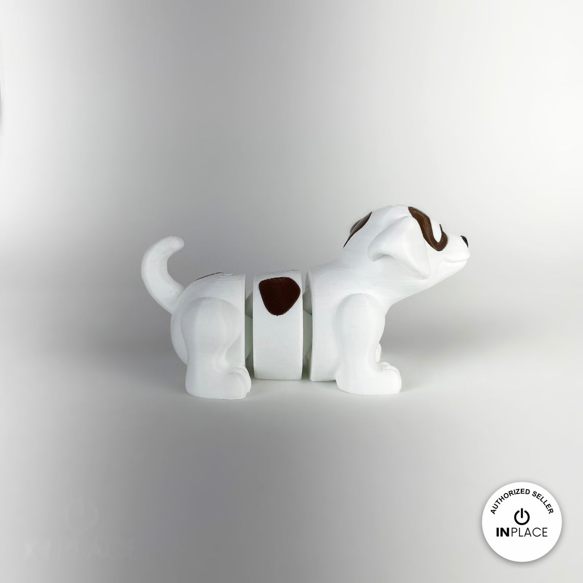 Cute puppy dog keychain, 3D printed by RU3D – white puppy side view facing right. White with brown patches, also in brown.