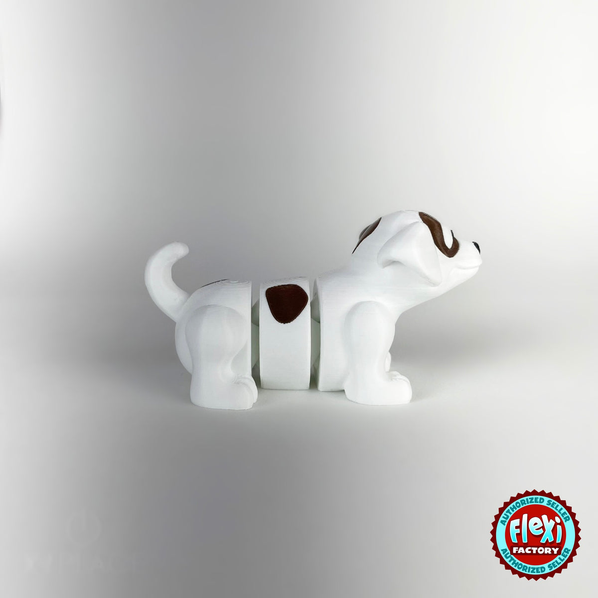 Cute puppy dog keychain, 3D printed by RU3D – white puppy side view facing right. White with brown patches, also in brown.