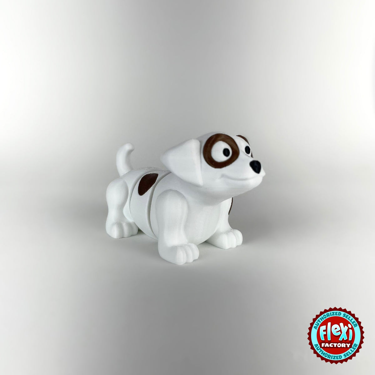 Cute puppy dog keychain, 3D printed by RU3D – white puppy three quarter view facing right. White with brown patches, also in brown.