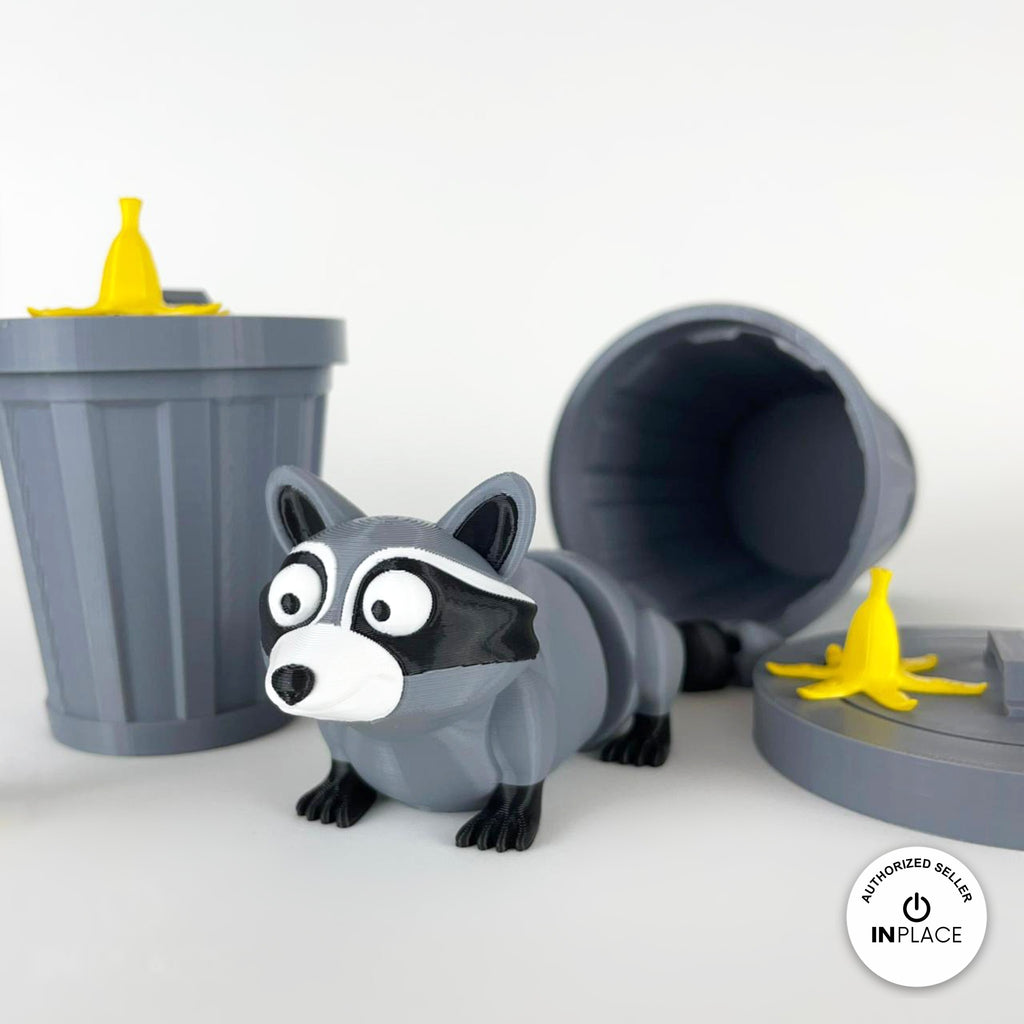 3D printed trash can platform by RU3D, shown with the Raccoon keychain