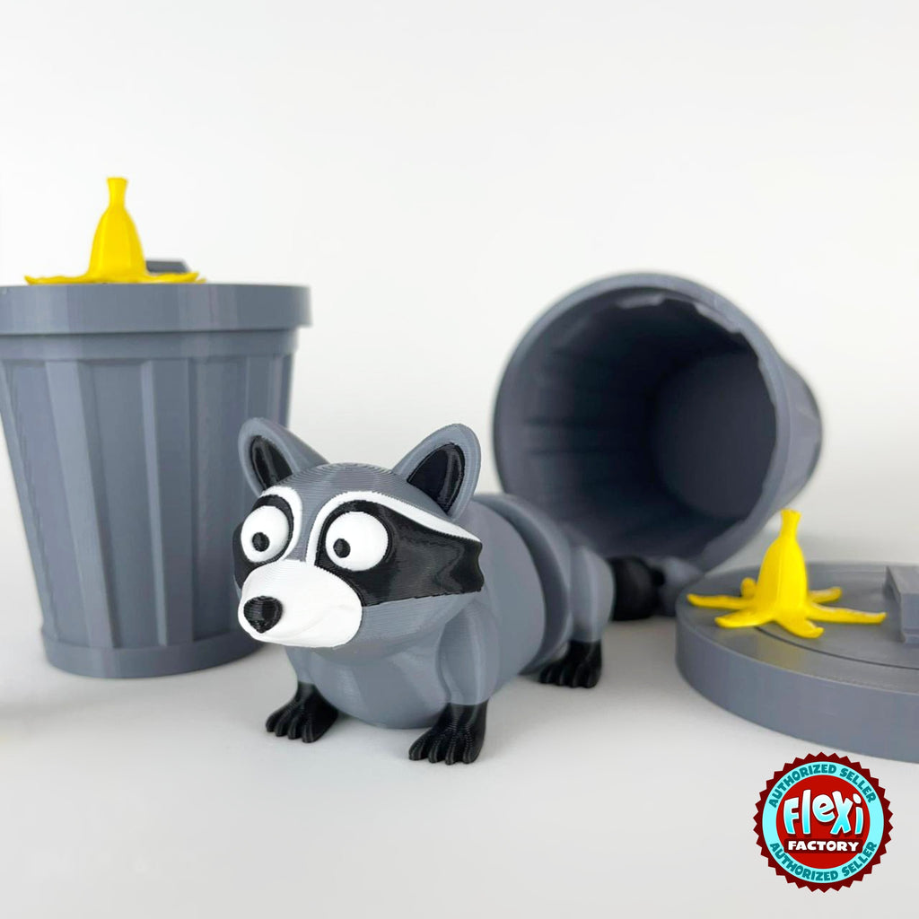 Cute raccoon keychain, 3D printed by RU3D – climbing out of trash can. Grey and black with trash can playset.