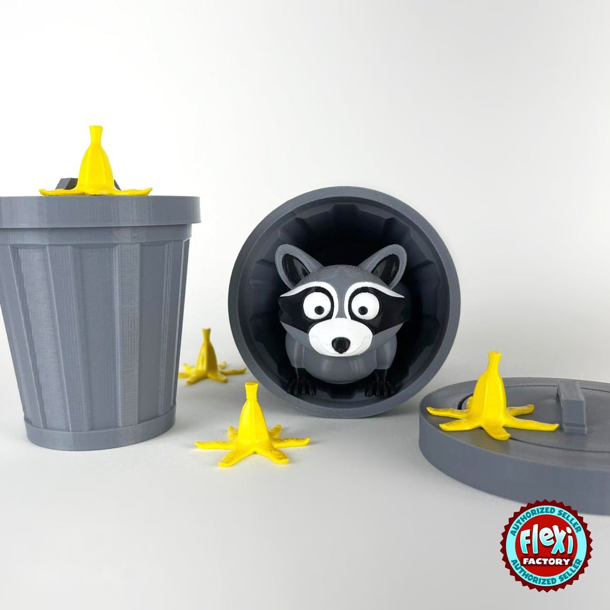 Cute raccoon keychain, 3D printed by RU3D – peeking out of trash can. Grey and black with trash can playset.