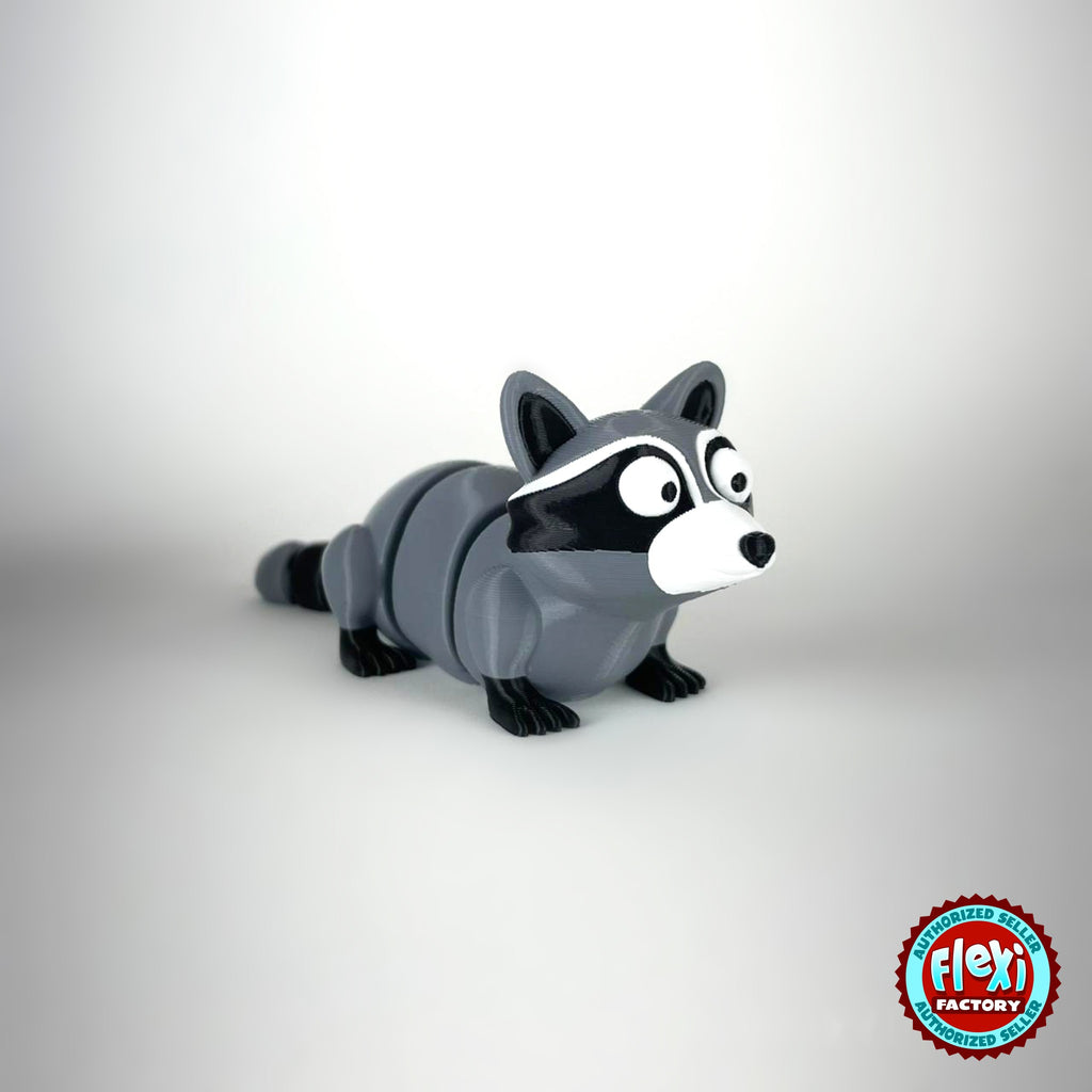 Cute raccoon keychain, 3D printed by RU3D – three quarter view facing right. Grey and black with trash can playset.