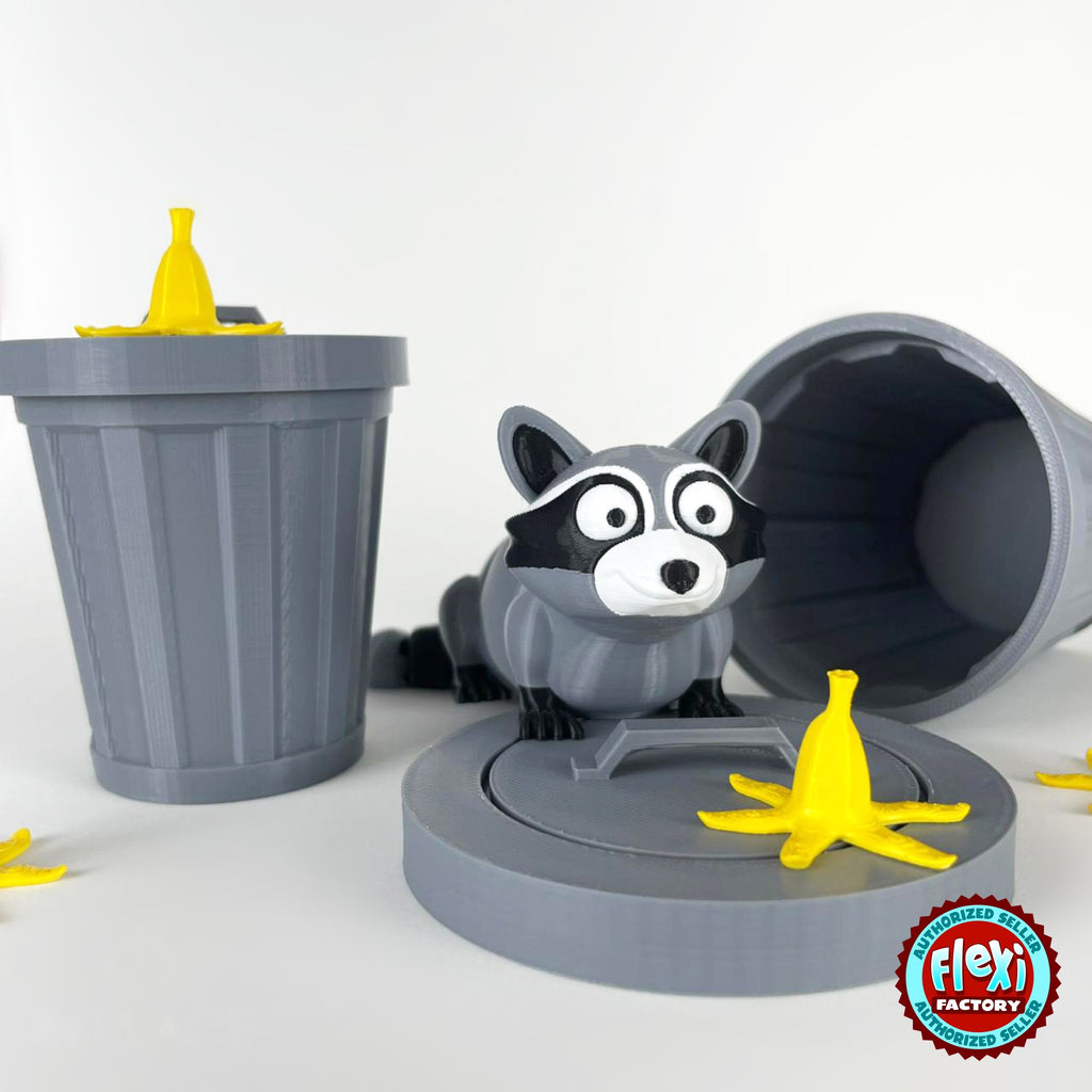 Cute raccoon keychain, 3D printed by RU3D – with trash can playset. Grey and black with trash can playset.