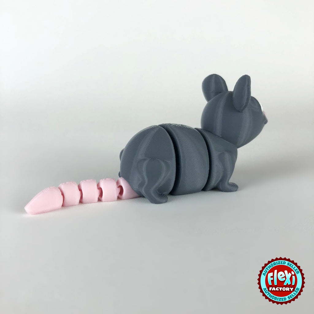 Cute rat keychain, 3D printed by RU3D – rear view with tail. Grey with pink ears and tail.