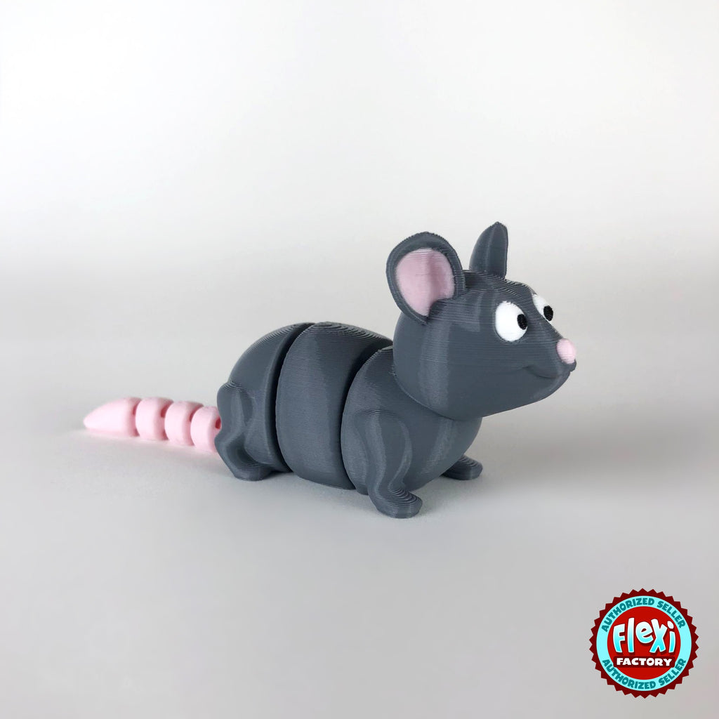 Cute rat keychain, 3D printed by RU3D – three quarter view facing right. Grey with pink ears and tail.