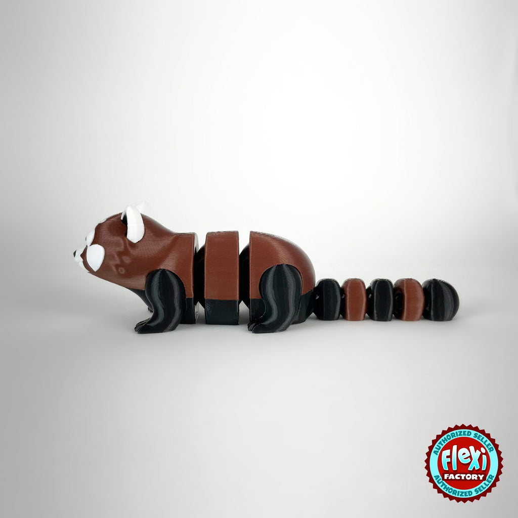 Cute red panda keychain, 3D printed by RU3D – side view facing left. Reddish brown, black and white.