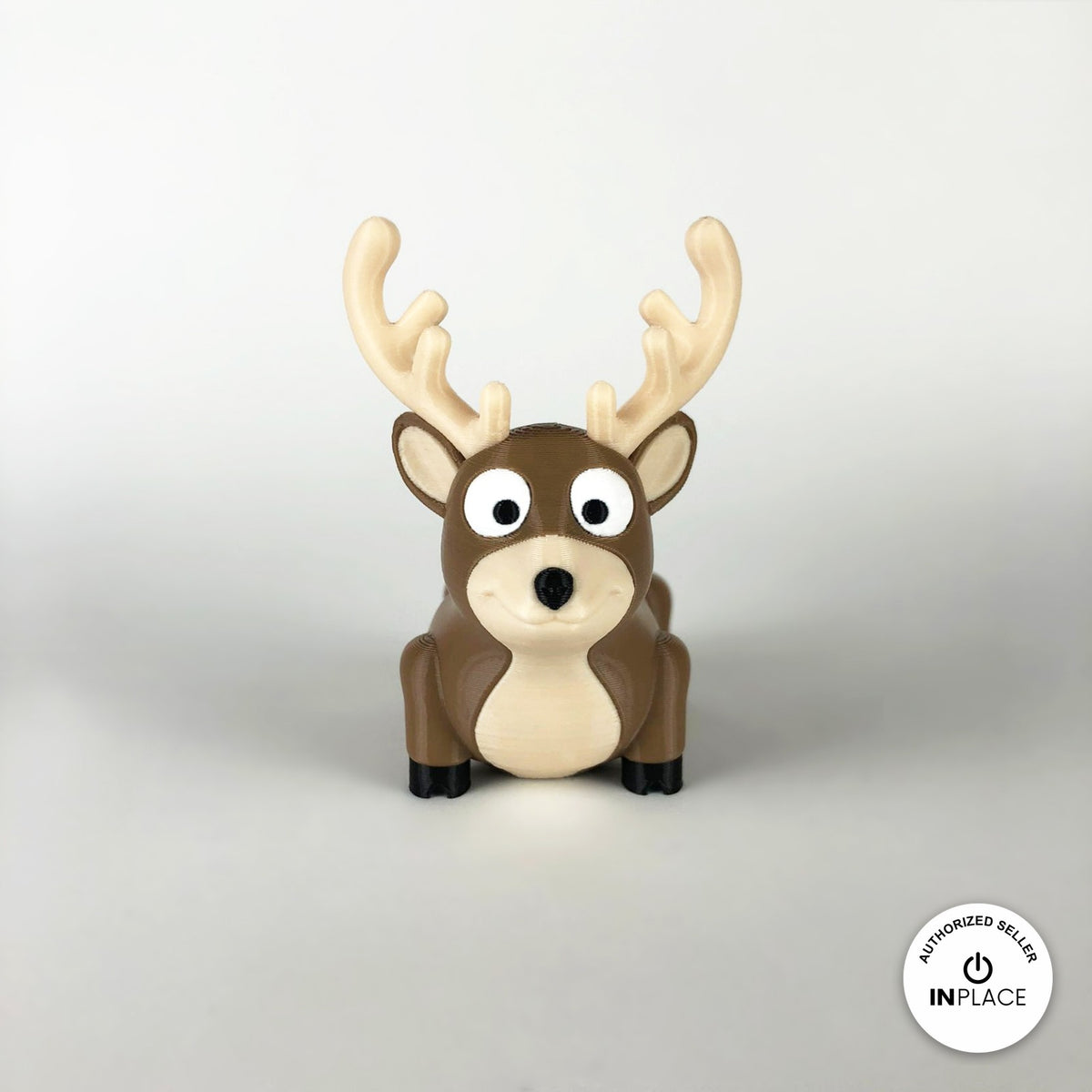 Cute reindeer keychain, 3D printed by RU3D – front view. Brown with cream antlers and chest.