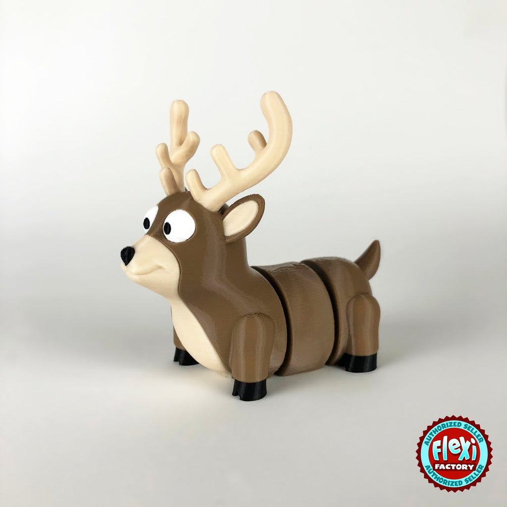 Cute reindeer keychain, 3D printed by RU3D – three quarter view facing left. Brown with cream antlers and chest.