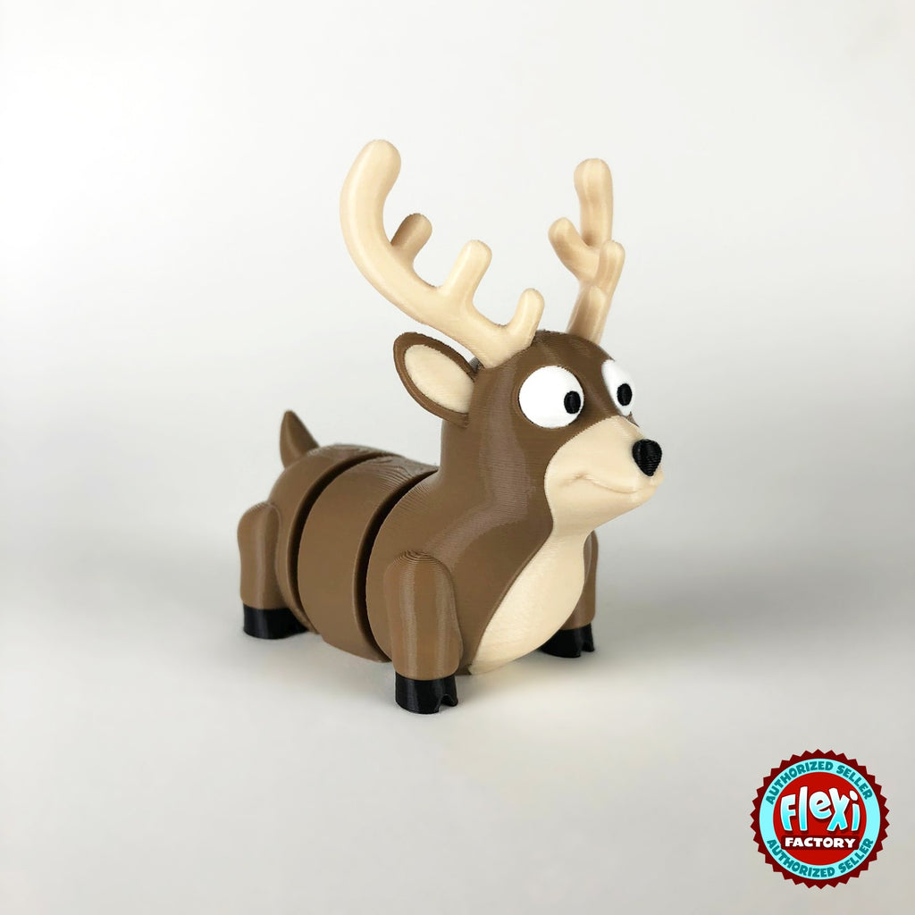 Cute reindeer keychain, 3D printed by RU3D – three quarter view facing right. Brown with cream antlers and chest.