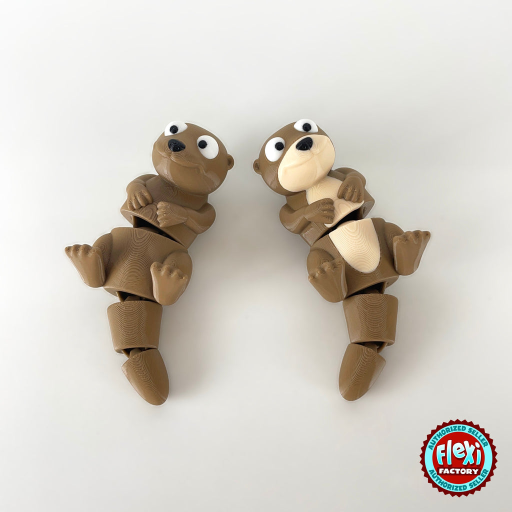 Cute river otter keychain, 3D printed by RU3D – pair of otters top view. Brown with cream belly.