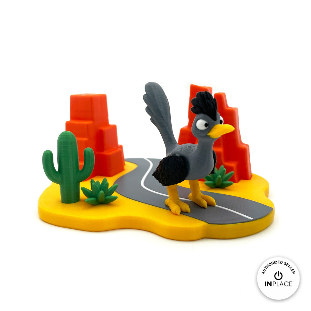 3D printed desert highway platform by RU3D, shown with the Road Runner keychain