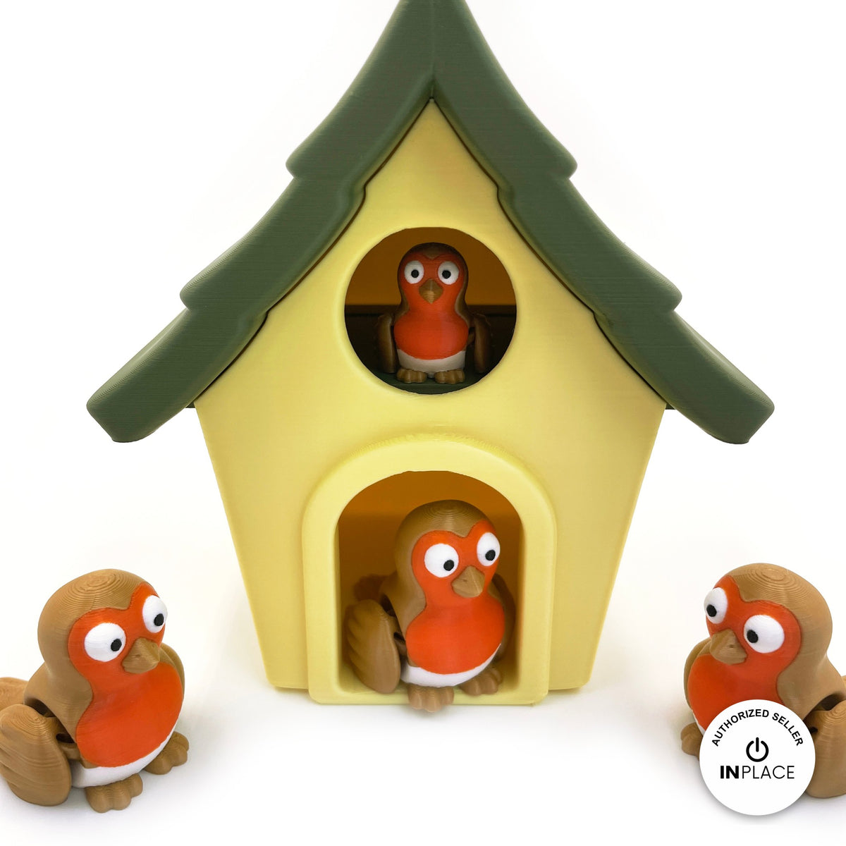 3D printed bird house platform by RU3D, shown with the Robin keychain