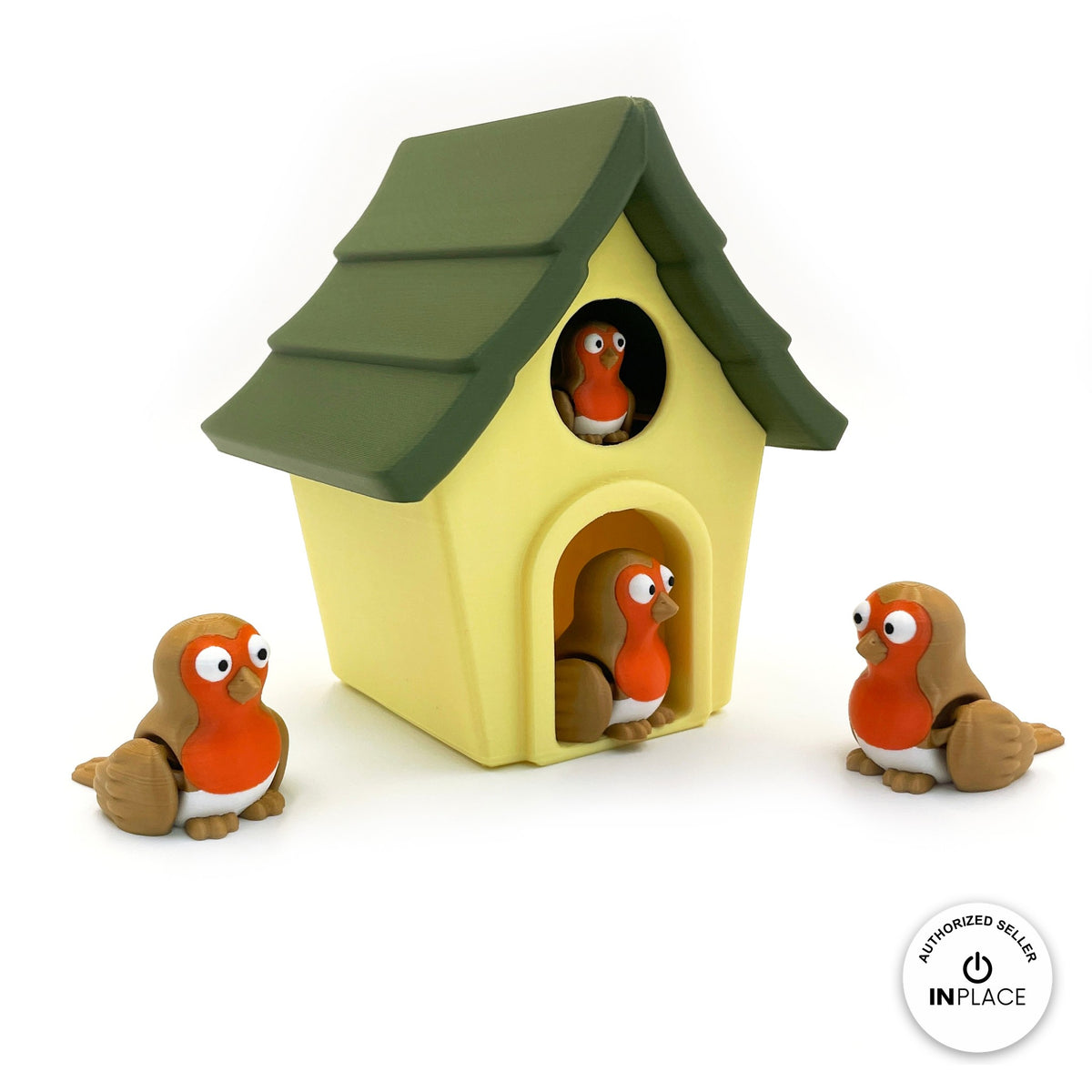 3D printed bird house platform by RU3D, shown with the Robin keychain