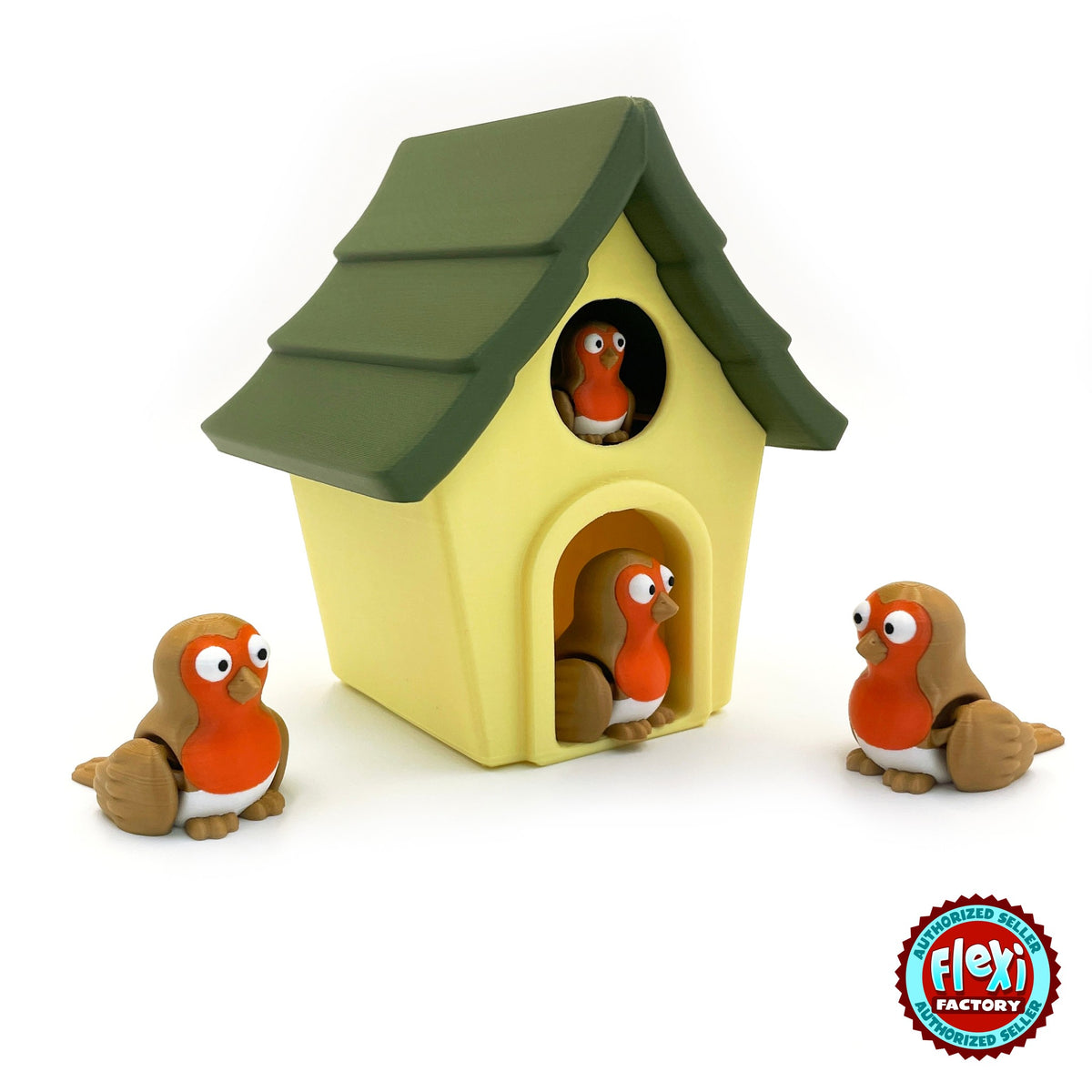 Cute robin keychain, 3D printed by RU3D – robins with birdhouse playset. Brown with orange-red breast and birdhouse playset.