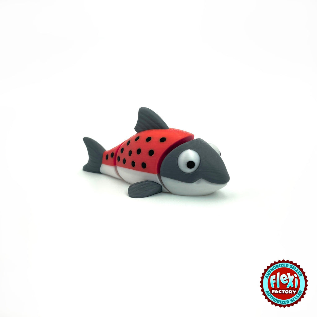 Cute salmon fish keychain, 3D printed by RU3D – red salmon three quarter view facing right. Red and grey with black spots, also all grey.