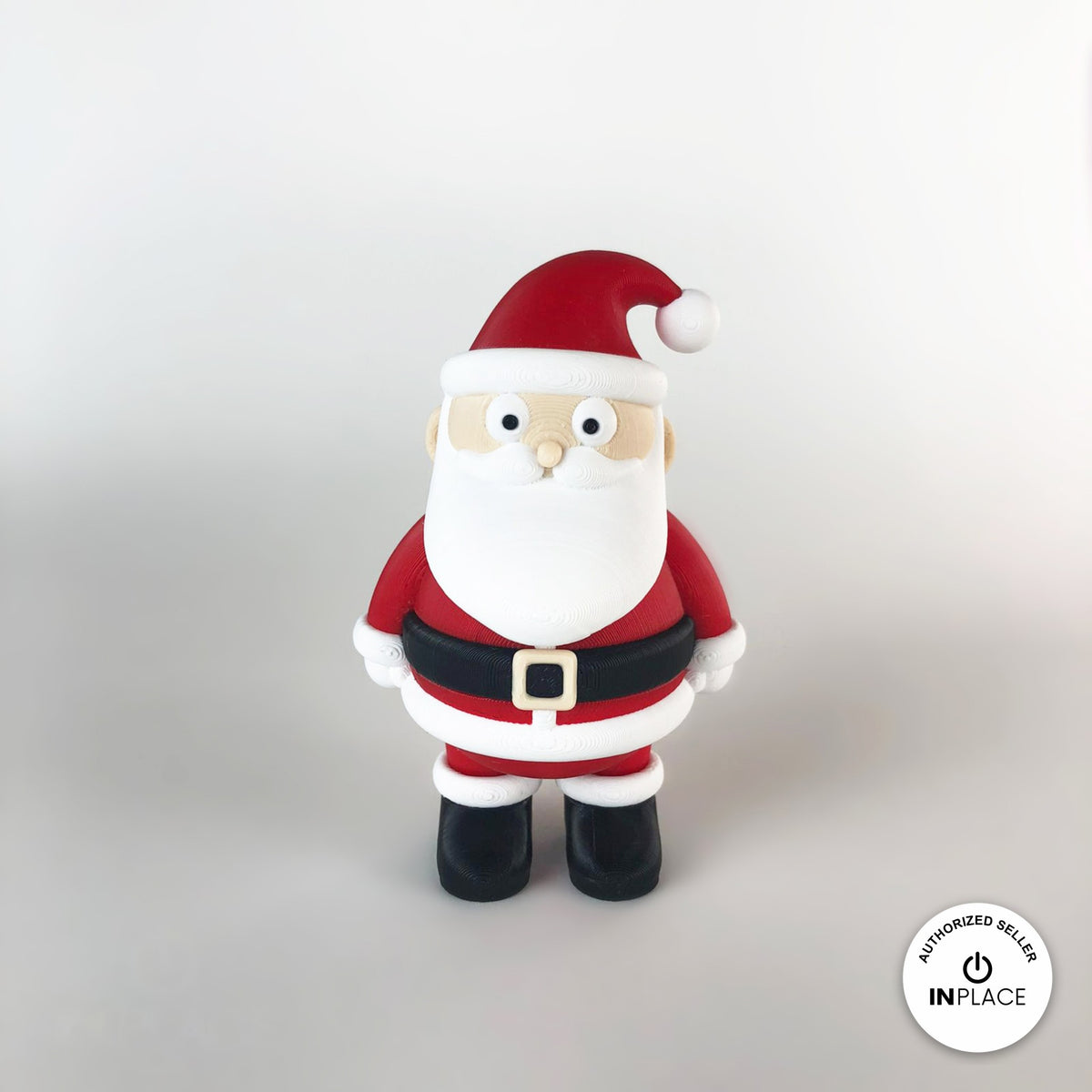 Cute Santa claus keychain, 3D printed by RU3D – front view. Red suit with white beard and black boots.