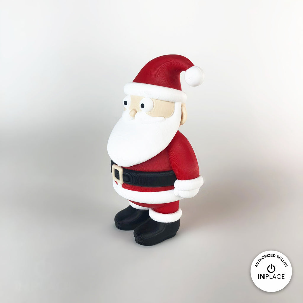 Cute Santa claus keychain, 3D printed by RU3D – side view facing left. Red suit with white beard and black boots.